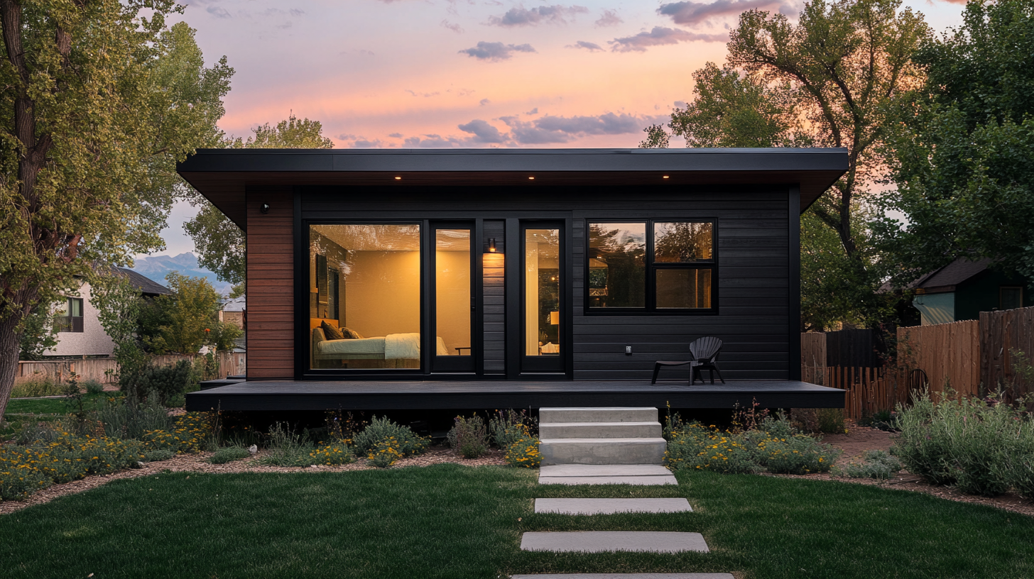 Modern detached one-bedroom ADU in a Denver backyard with dark cedar siding and Front Range mountain views.