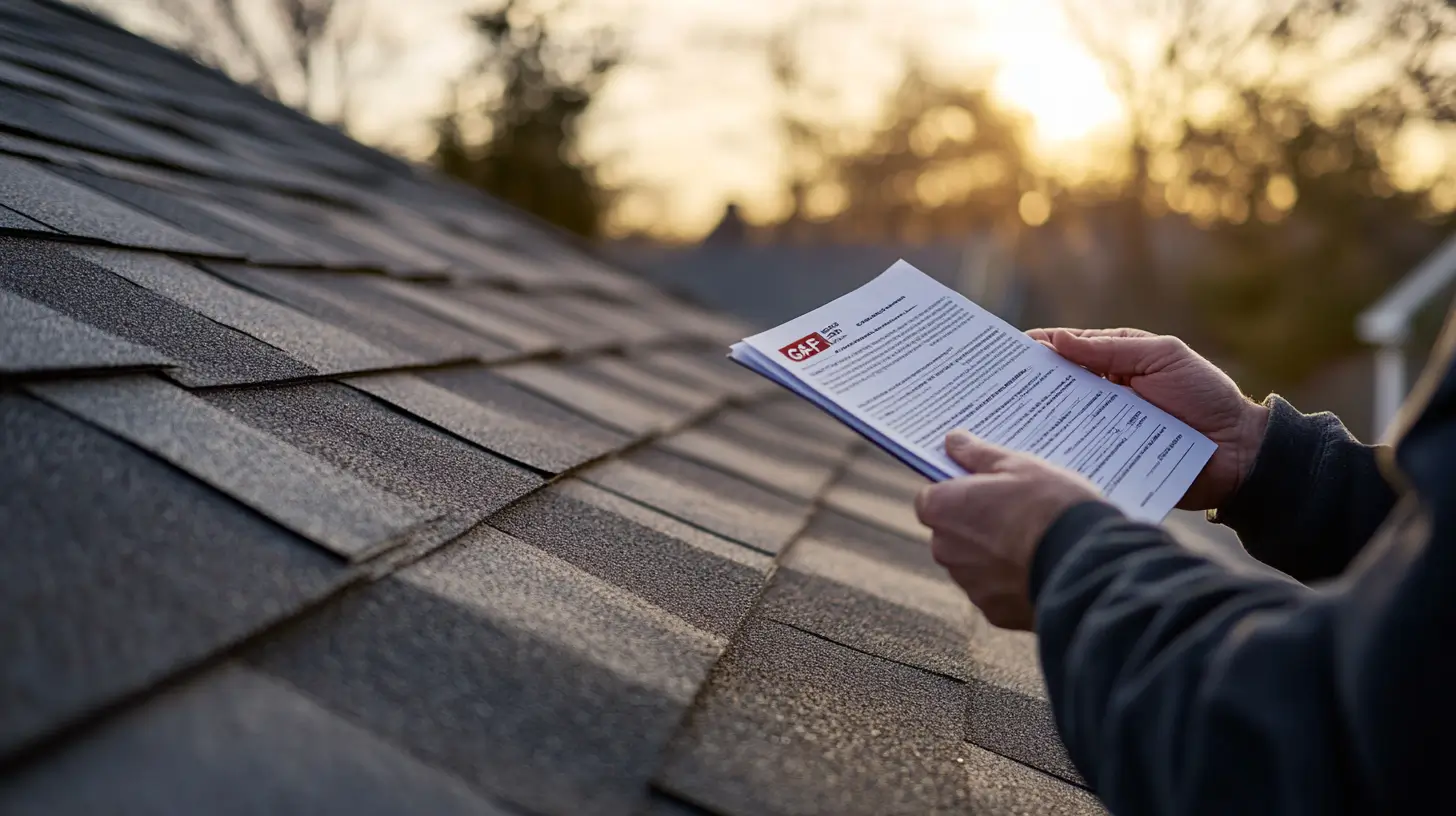 Denver roofing contractor reviewing a manufacturer warranty document during an asphalt shingle installation.
