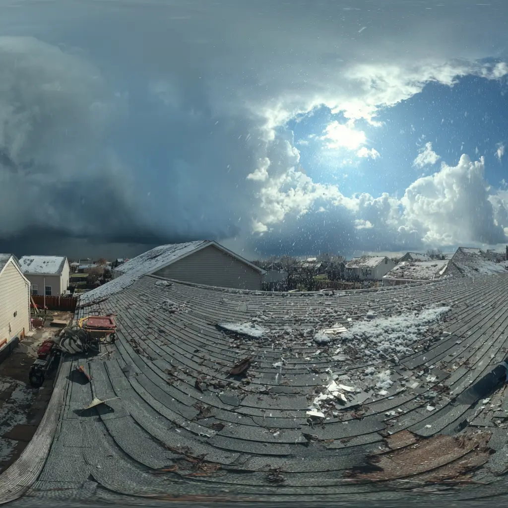 Close-up of asphalt shingles on a Denver roof showing visible hail bruising and circular dimples after a recent storm.