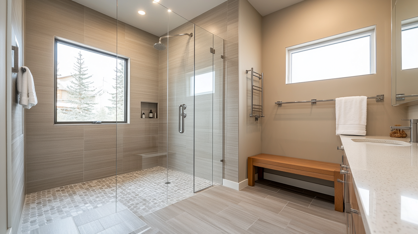 Accessible bathroom with curbless shower, grab bars, and bench in a Denver aging-in-place remodel.