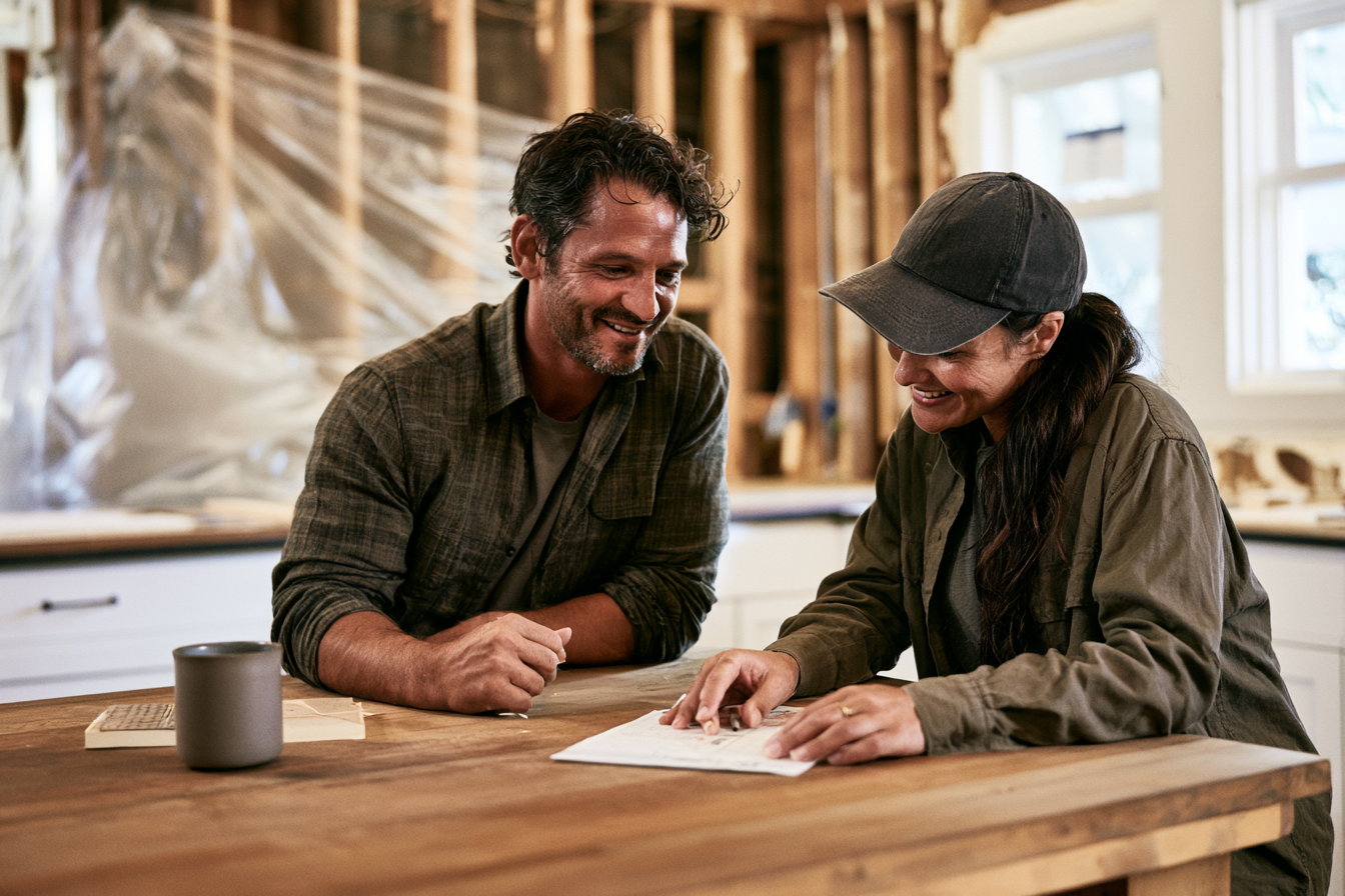A contractor and homeowner reviewing a written change order during a home remodel