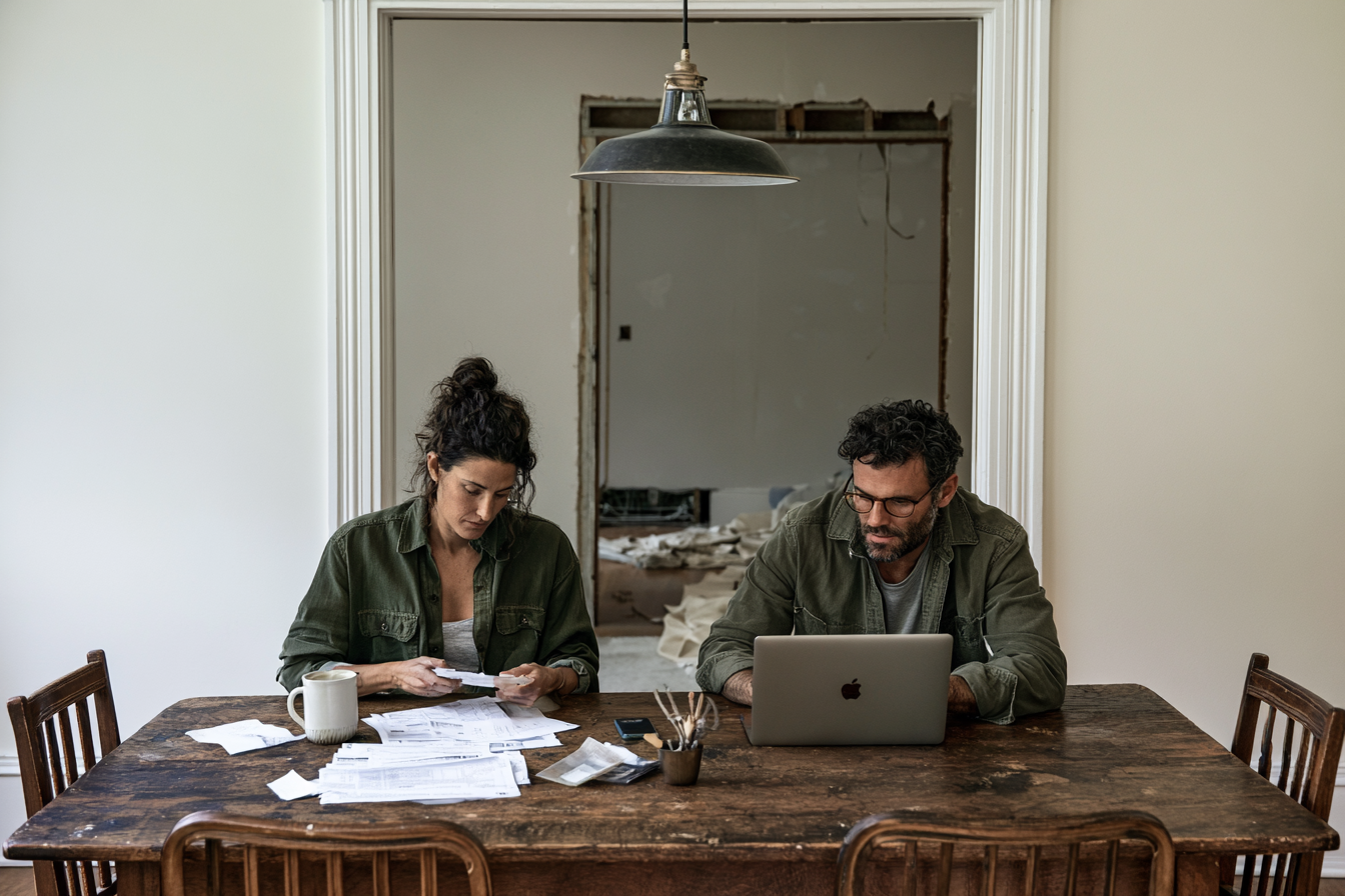 A couple reviewing project receipts and a laptop at a dining table mid-remodel