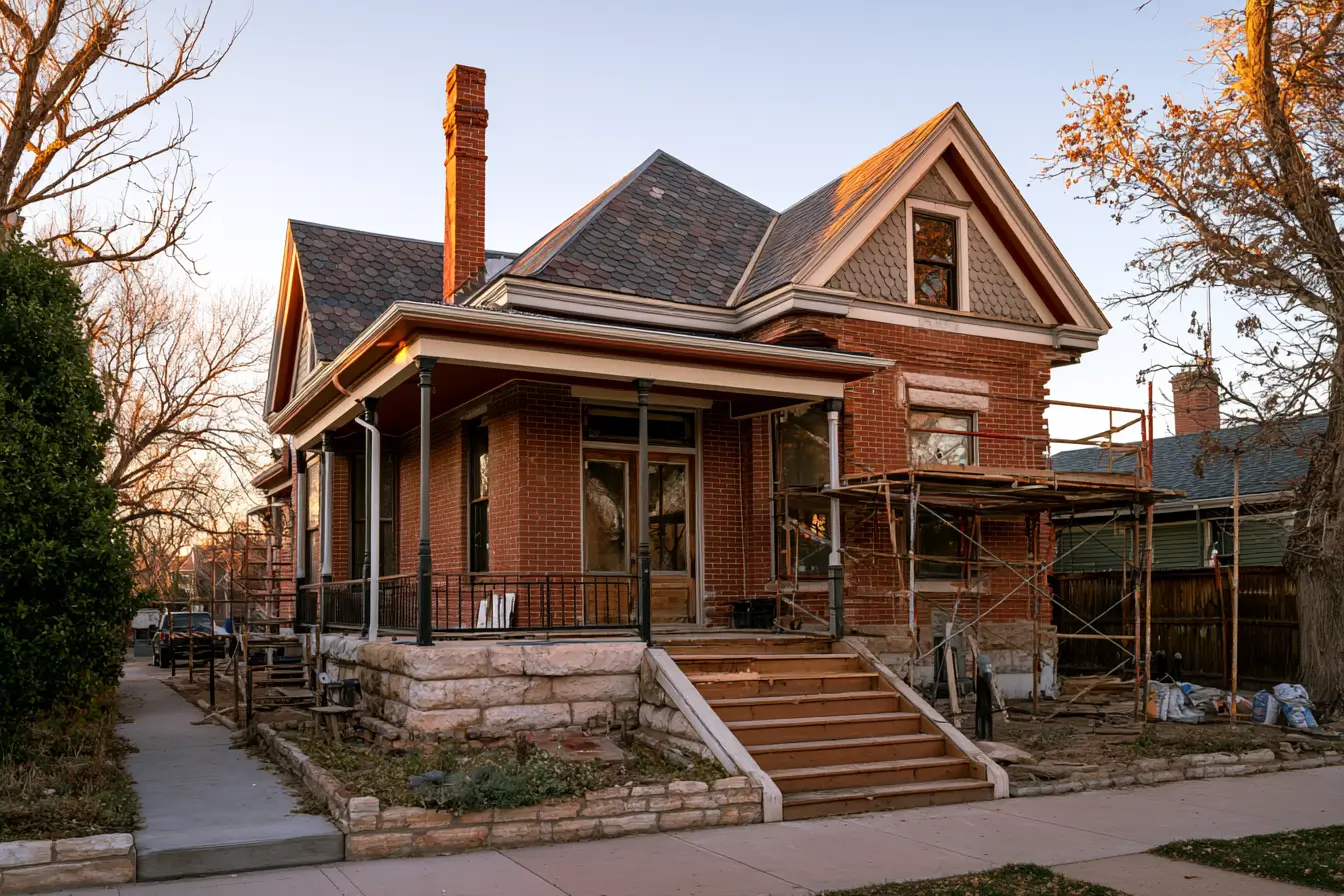 A Denver Victorian home with restoration scaffolding on the front porch