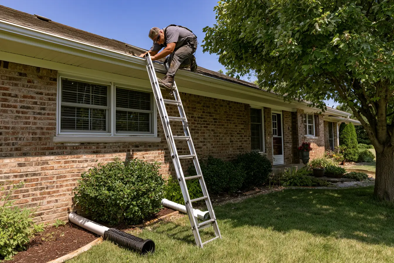 An installer fitting seamless gutters on a brick ranch home in Denver
