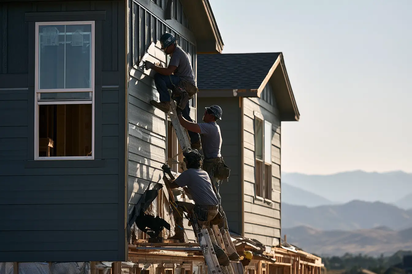 A crew installing fiber cement siding on a two-story Denver home