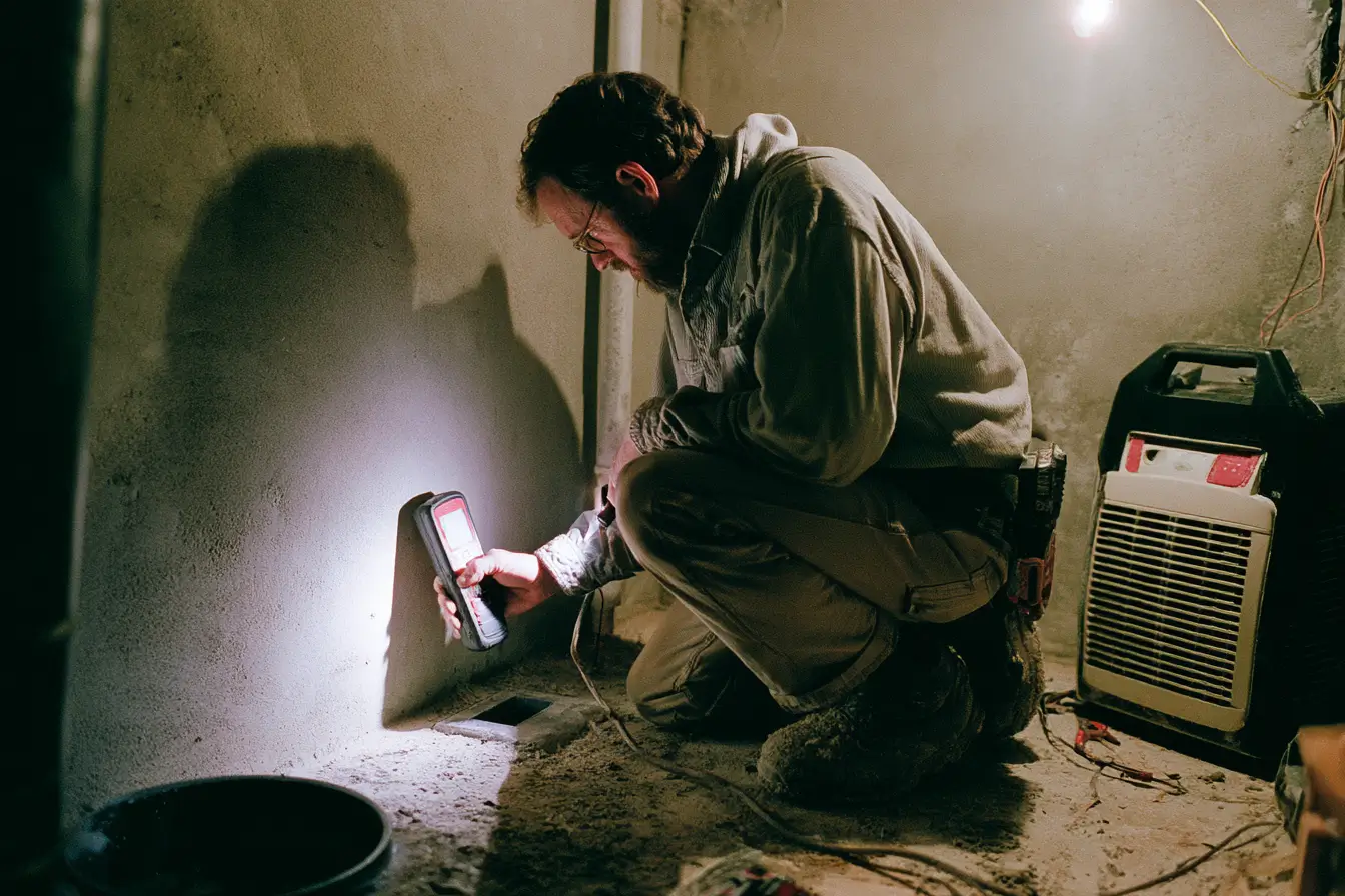 A contractor checking an unfinished basement wall with a moisture meter