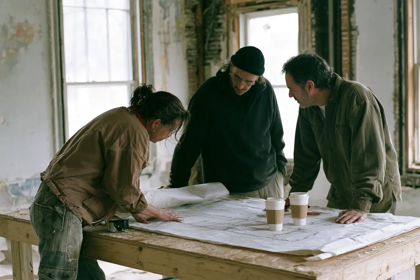 An architect reviewing drawings with homeowners at a work table