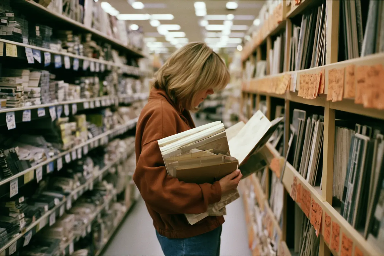 A homeowner comparing tile samples and price tags in a showroom