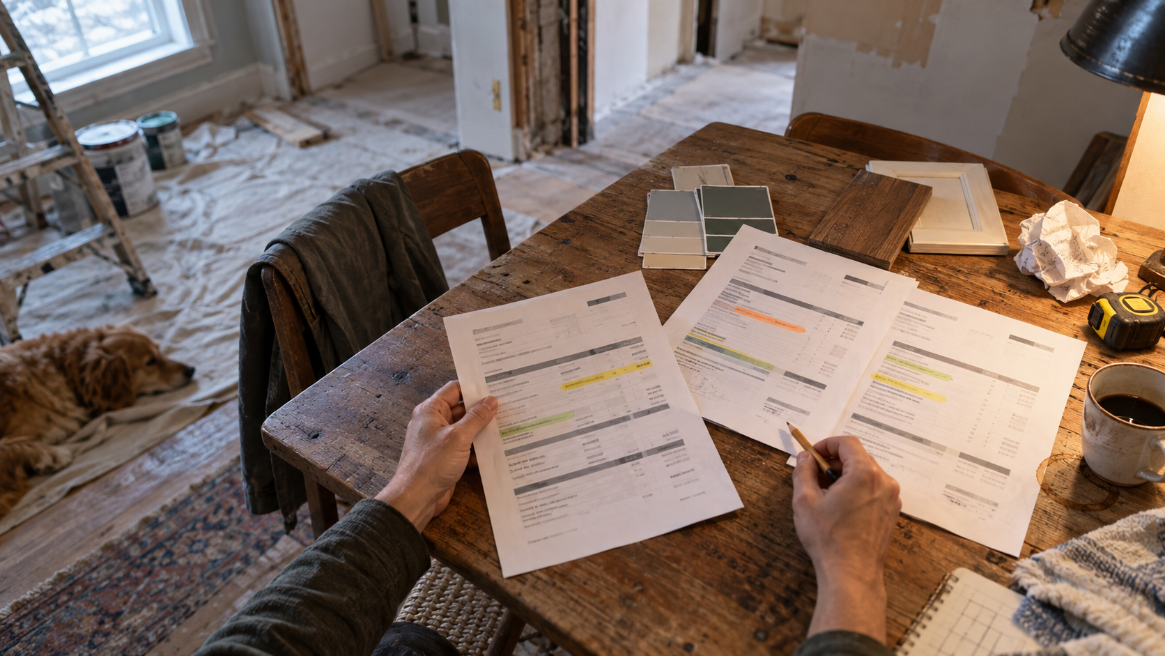 - Homeowner comparing several contractor estimate sheets beside renovation materials.   1:51 PM