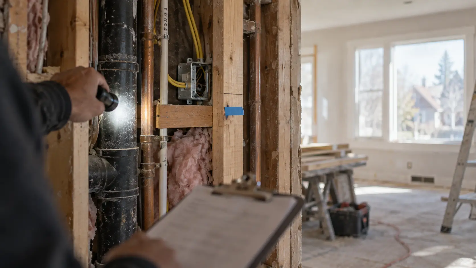 Close view of exposed plumbing and framing during a home remodel inspection.