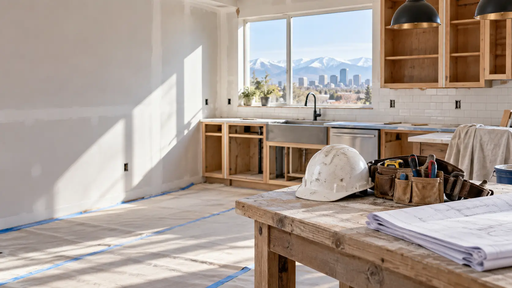 Partially remodeled kitchen with unfinished cabinets and abandoned contractor tools.