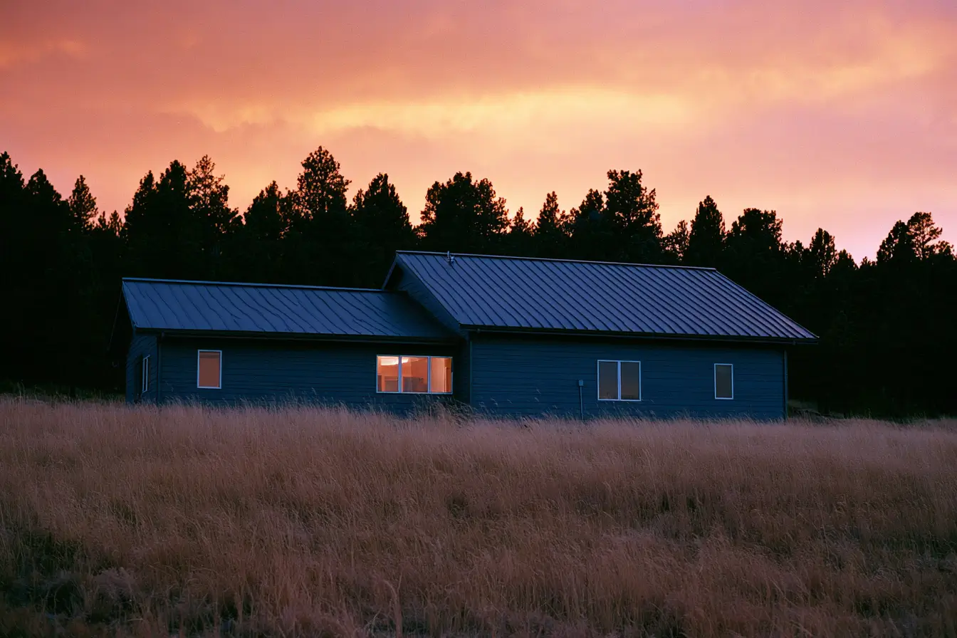 Colorado foothills home with fiber cement siding and a metal roof near a pine treeline