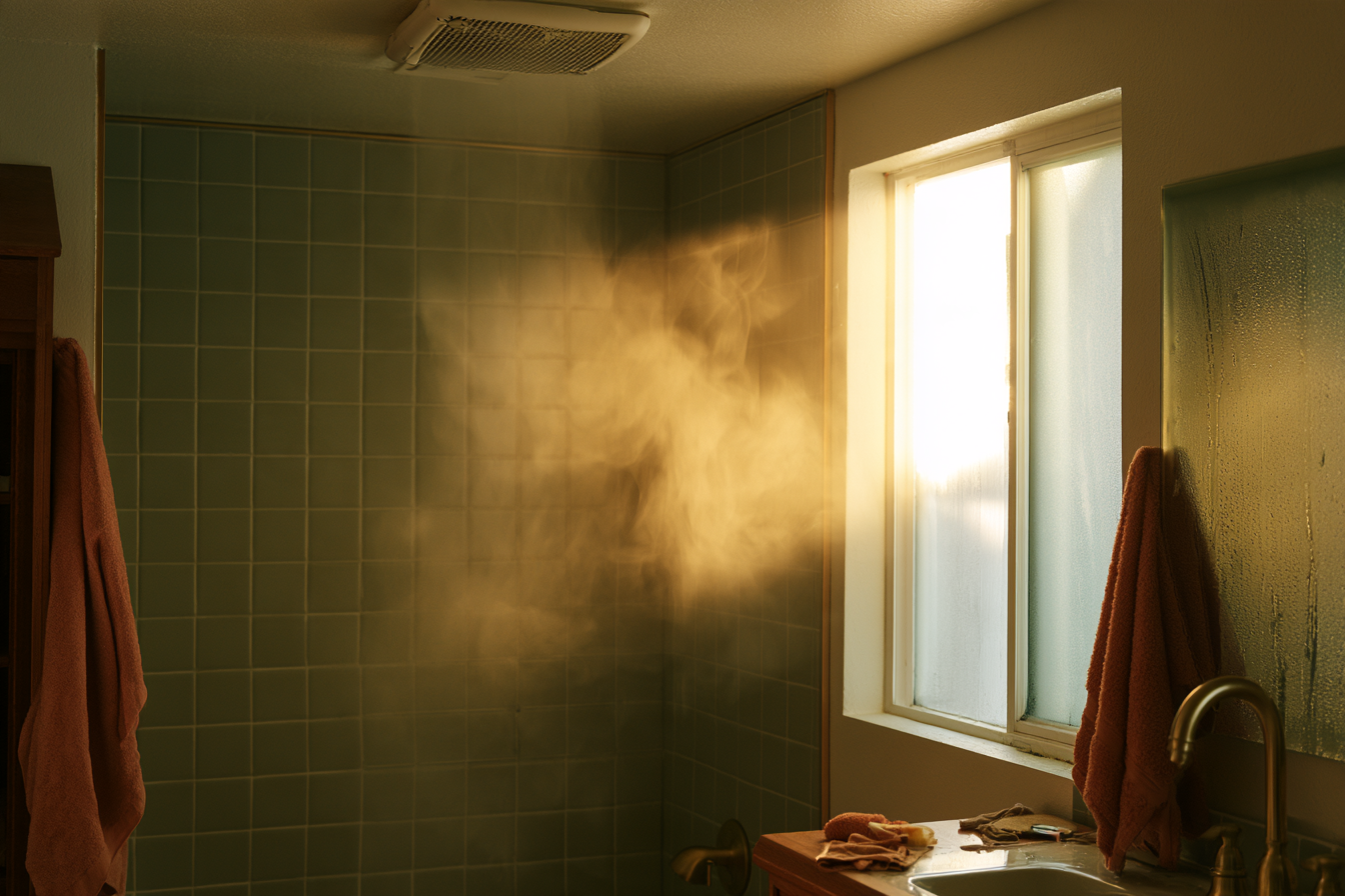 Steam rising toward a ceiling exhaust fan in a remodeled bathroom