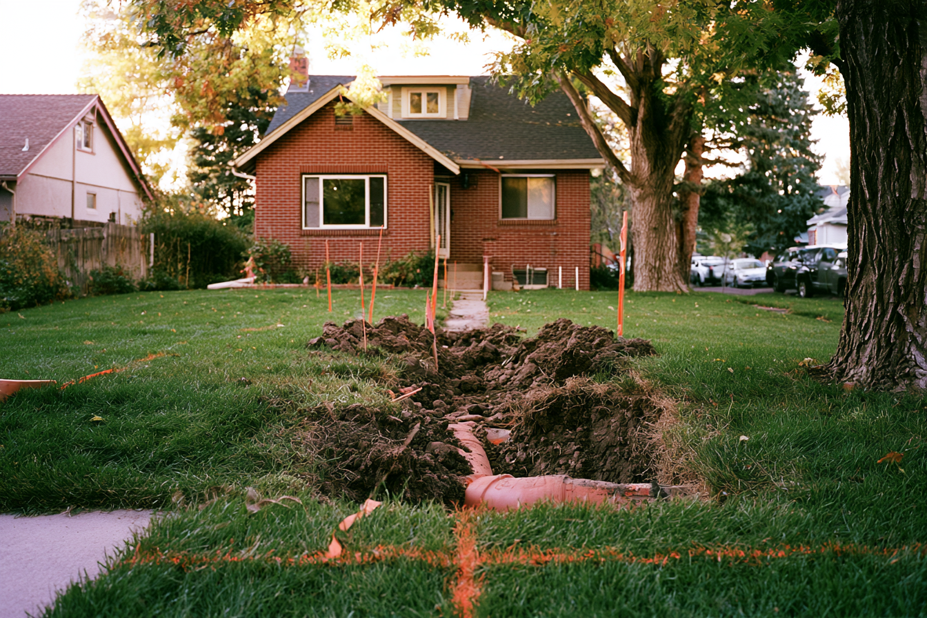 Excavated trench exposing an old clay sewer line outside a Denver bungalow