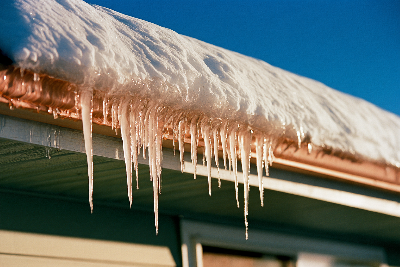 Ice dam and icicles formed along the eave of a snow-covered Colorado roof