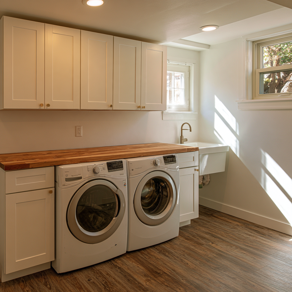 Remodeled basement laundry room with cabinets, counter, and utility sink