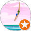 Diver in green suit and blue cap diving into the ocean under a pink sky with an orange star badge