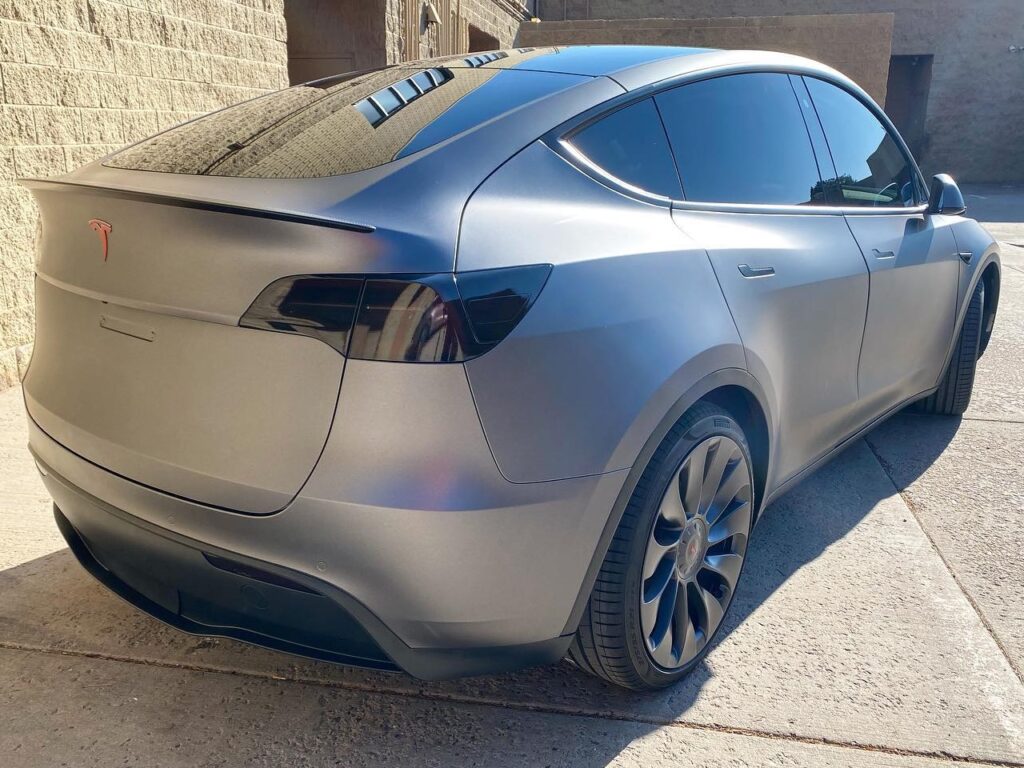 grey Tesla Model Y ceramic window tinting back side view