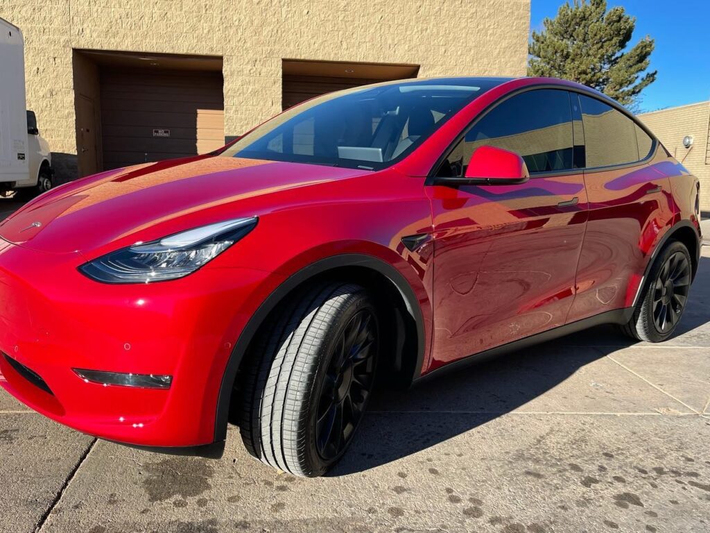 Tesla Model Y front side view full Front End PPF + Ceramic Coating + Ceramic Tint!