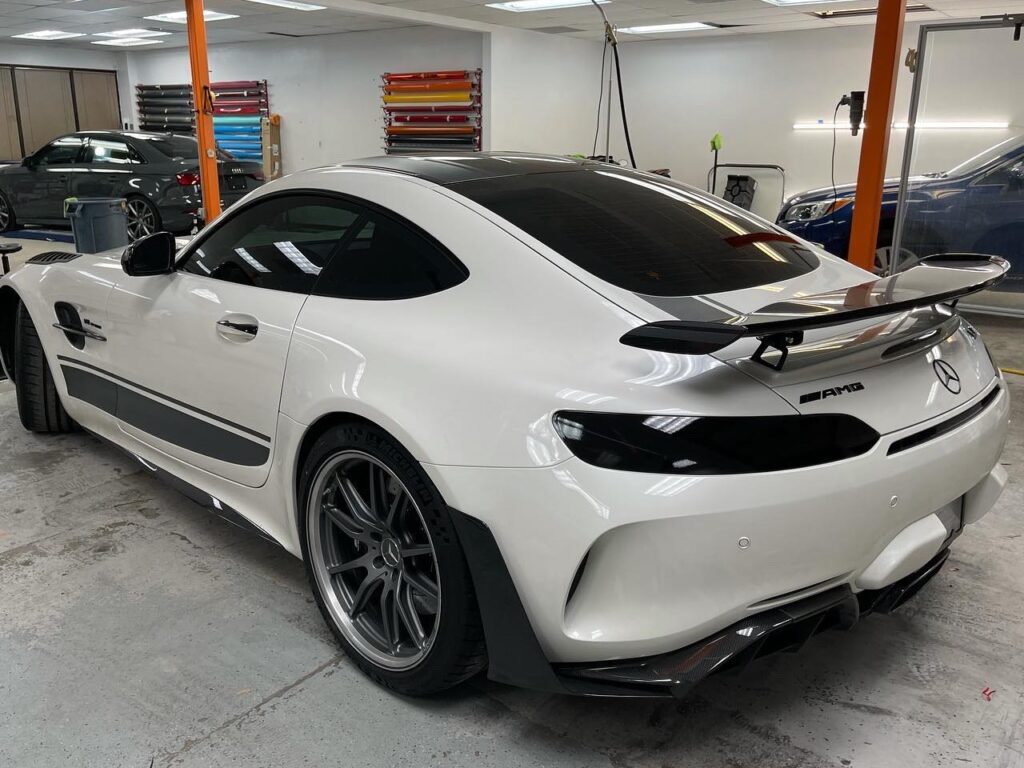 Back View: AMG GTR Pro Tint, lights tint, and emblems blacked out.