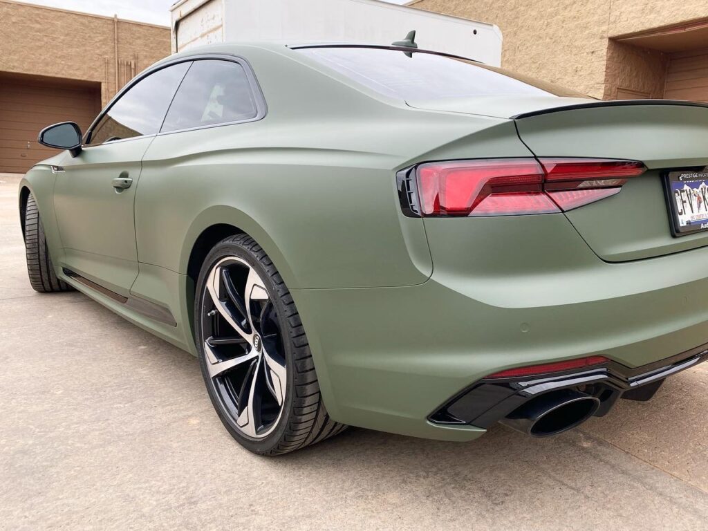 Audi RS5 makeover! Matte military green vinyl wrap, ceramic tint and ceramic coating. Back view