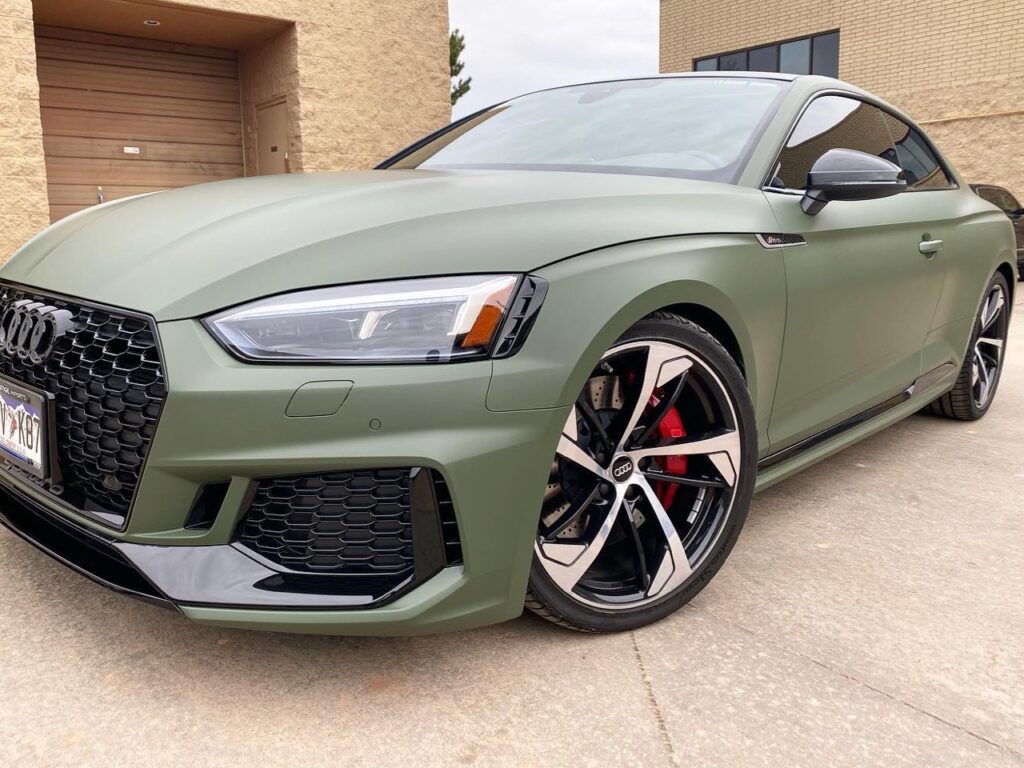 Audi RS5 makeover! Matte military green vinyl wrap, ceramic tint and ceramic coating. Front view