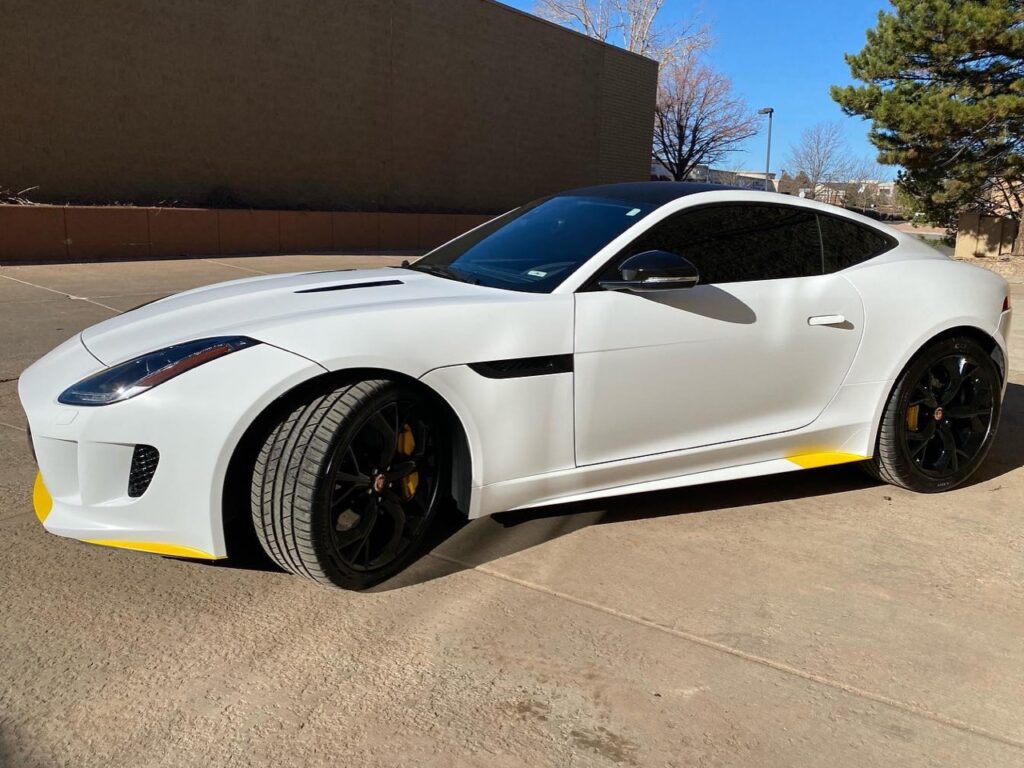 Jaguar F-Type satin white along with satin yellow and carbon fiber accents vinyl wrap!