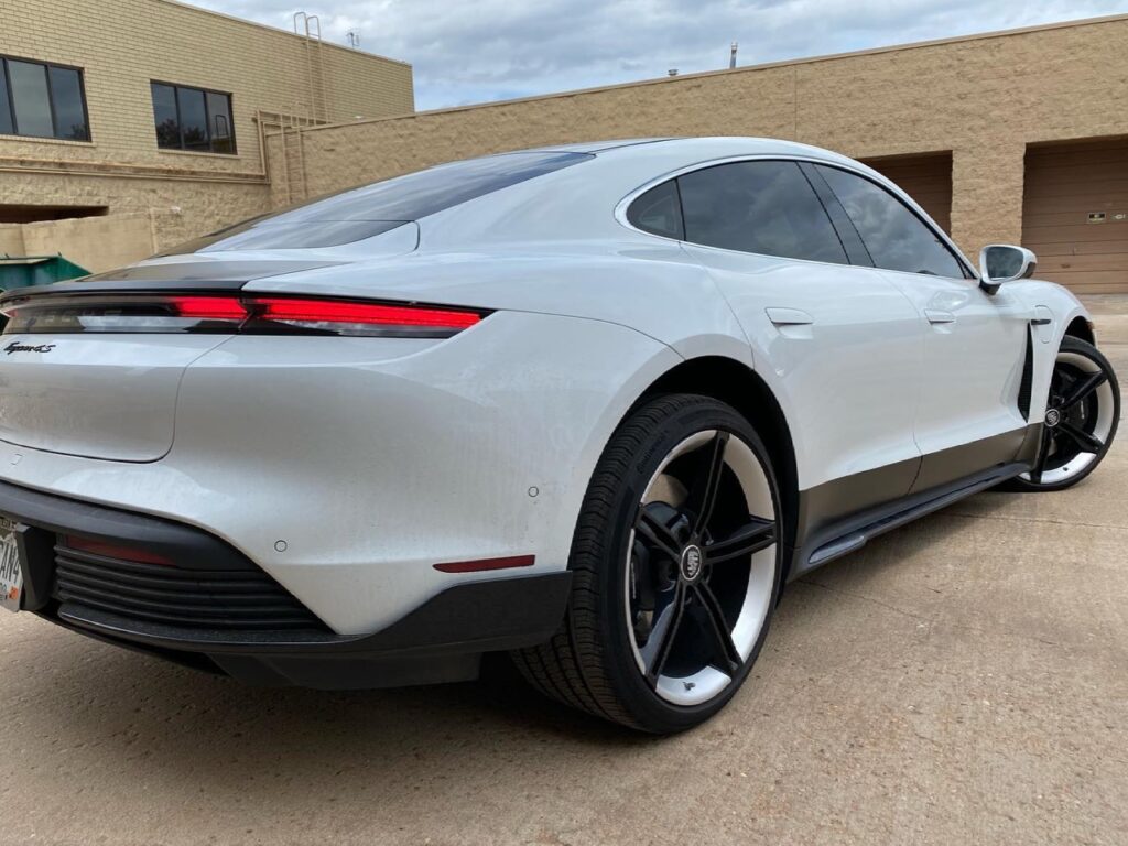 Porsche Taycan satin black vinyl wraps side view