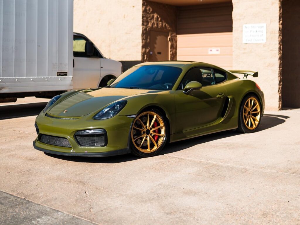 Porsche GT4 Gloss Army Green vinyl wrap and ceramic air 80 window tint