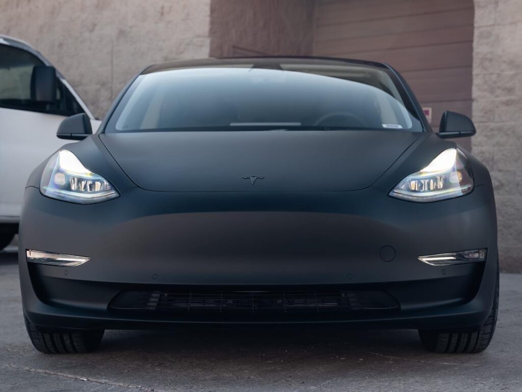 Tesla Model 3 matte black vinyl wrap and ceramic coating