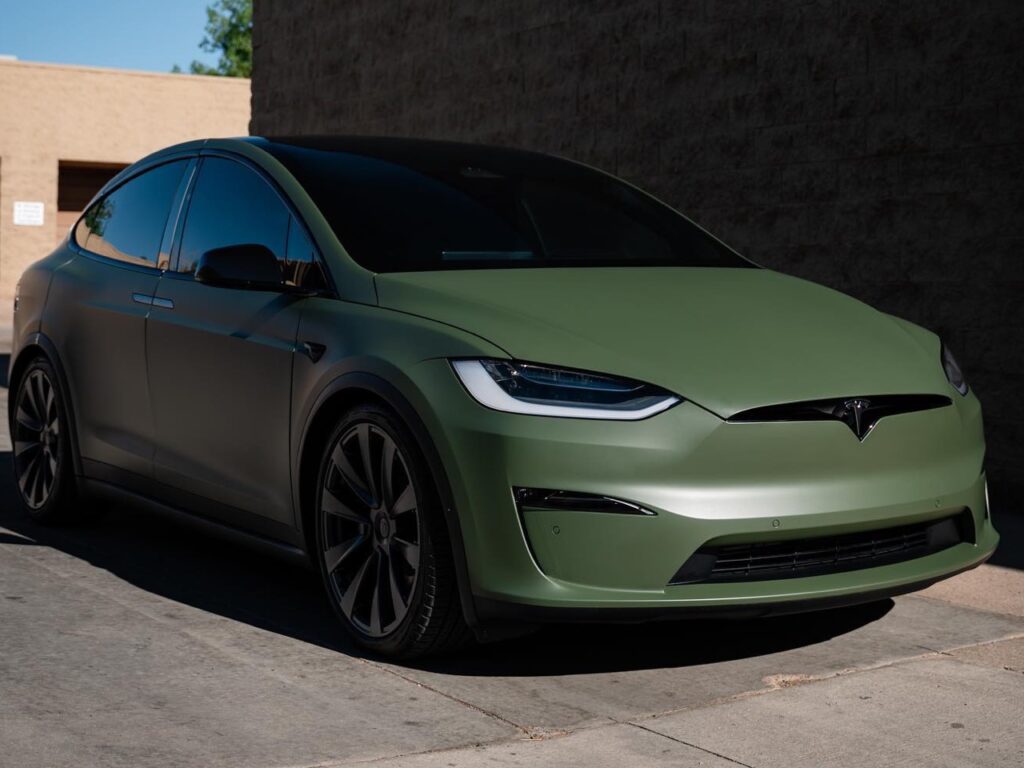 Tesla Model X Matte Military Green Vinyl Wrap and window tint
