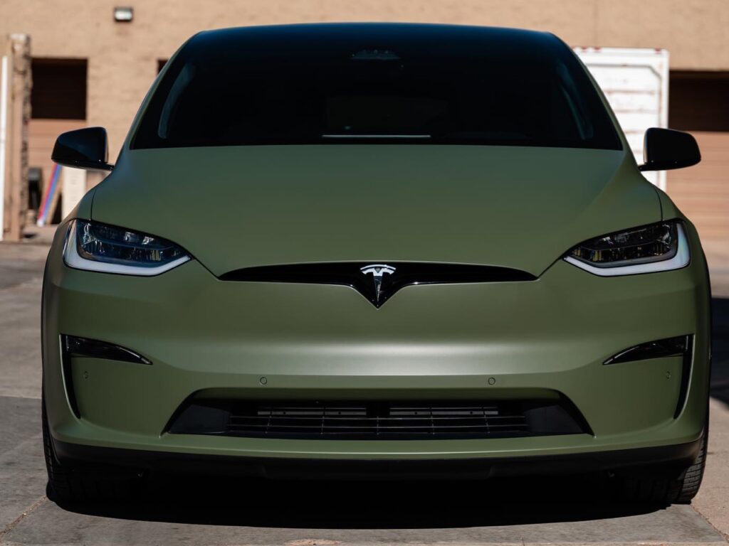 Tesla Model X Matte Military Green Vinyl Wrap and ceramic coating