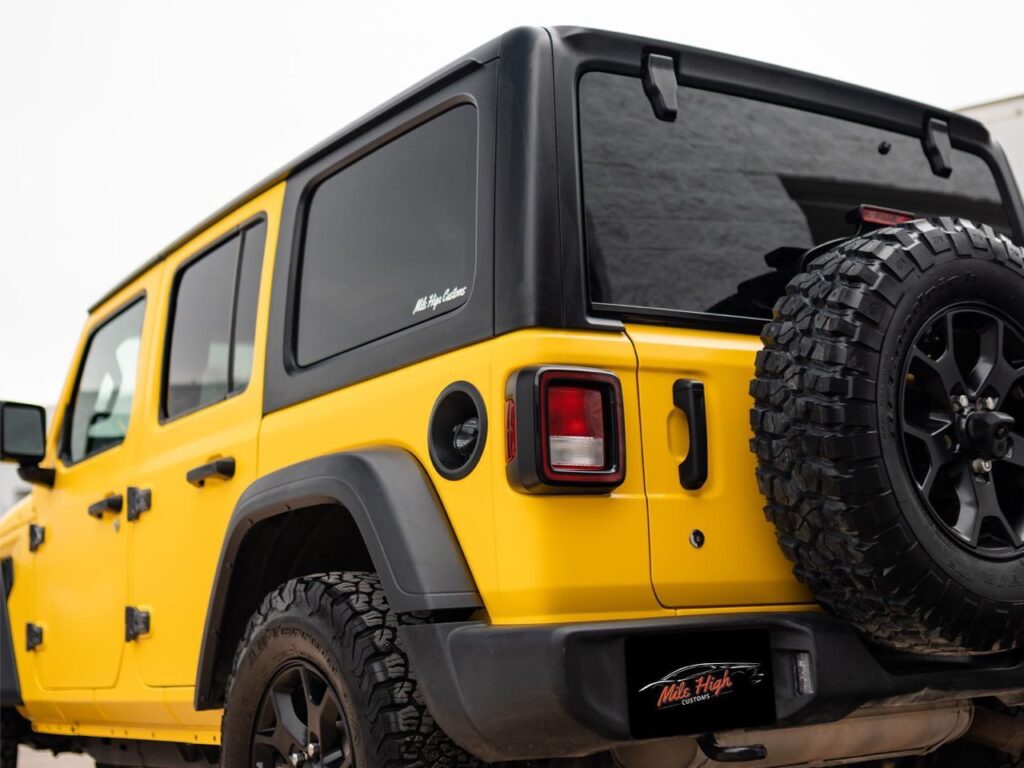 Jeep Wrangler Satin Yellow vinyl wrap with two layers of ceramic coating