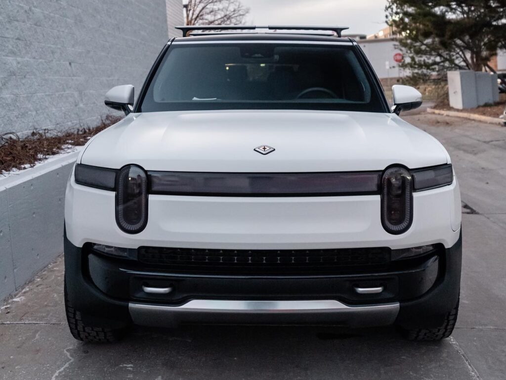 Rivian R1S Glacier White PPF, window tint, ceramic coating, headlight and taillight tint, and more