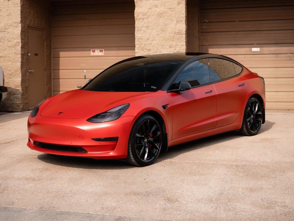 Tesla Model 3 Satin Smoldering Red wrap & ceramic coating