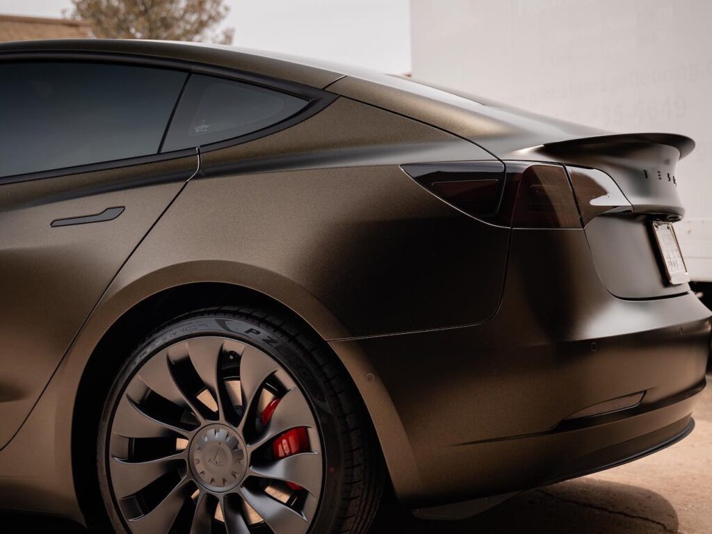 Tesla Model 3 Satin Gold Dust vinyl wrap & ceramic window tint