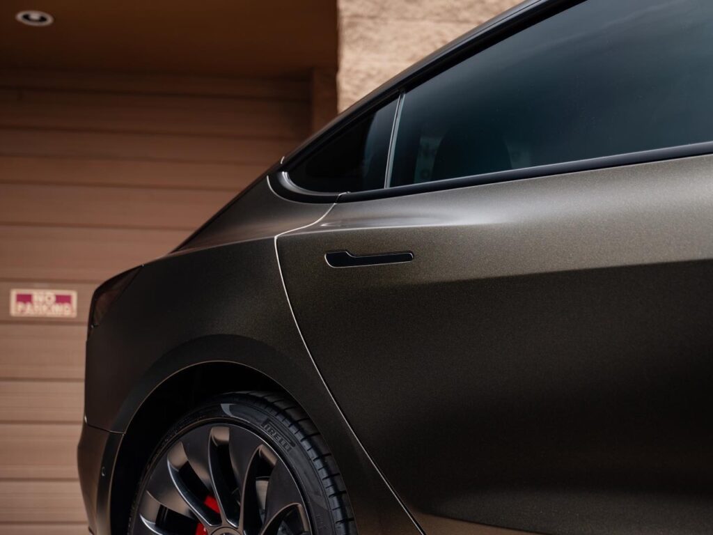 Tesla Model 3 Satin Gold Dust vinyl wrap, window tint, ceramic coating
