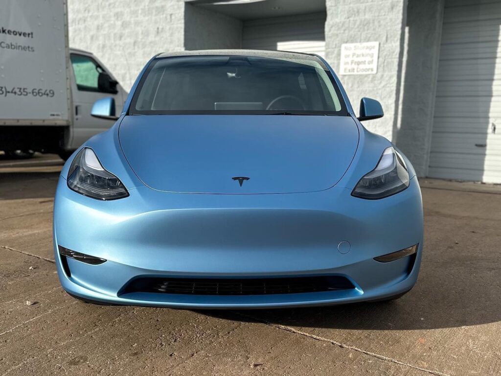 Tesla Model Y Matte Frosty Blue Metallic Vinyl Wrap & ceramic window tint