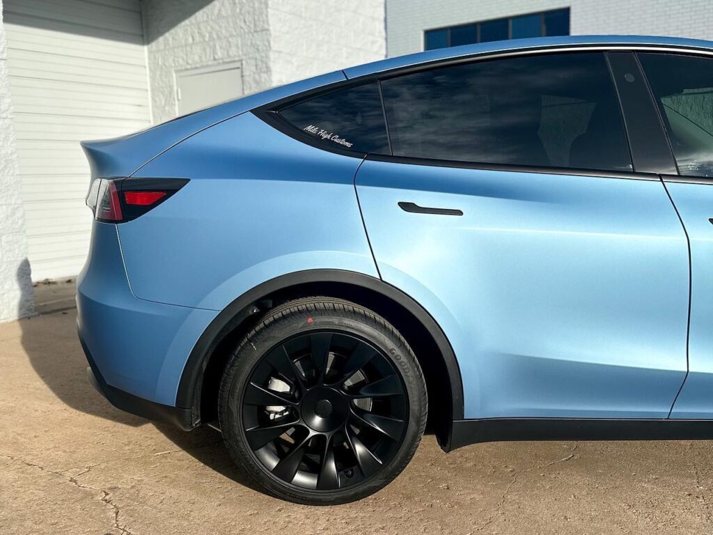 Tesla Model Y Matte Frosty Blue Metallic Vinyl Wrap, window tint, ceramic coating