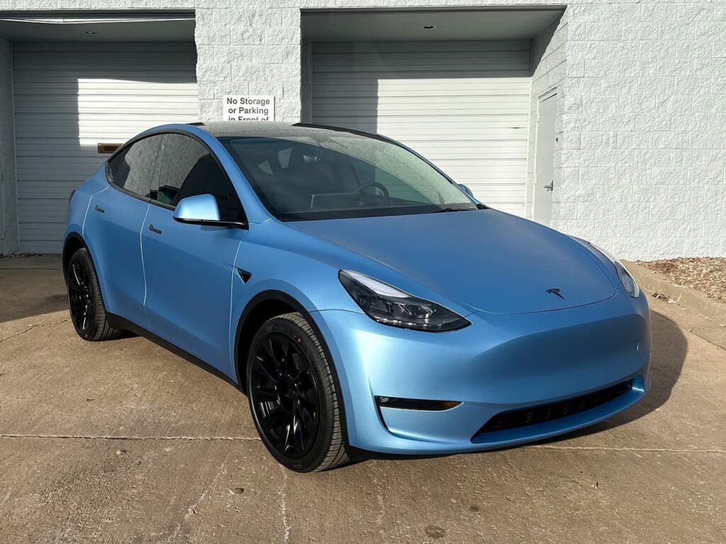Tesla Model Y Matte Frosty Blue Metallic Vinyl Wrap & ceramic coating