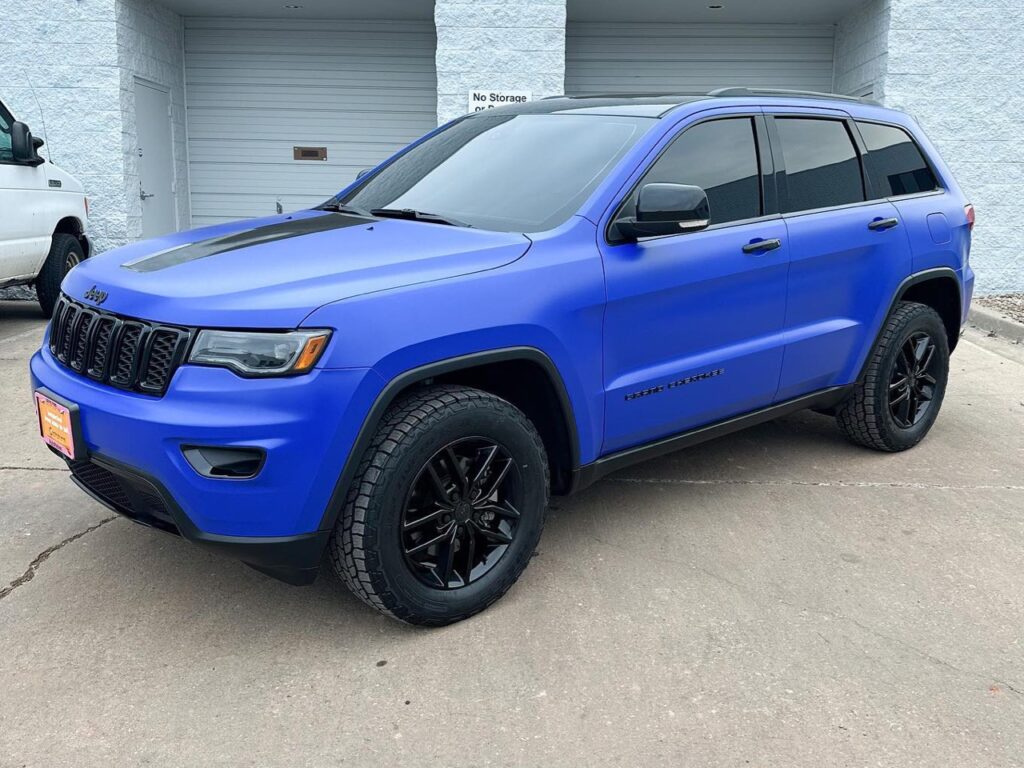 Jeep Grand Cherokee Satin Dark blue vinyl wrap, window tint, powder coated wheels