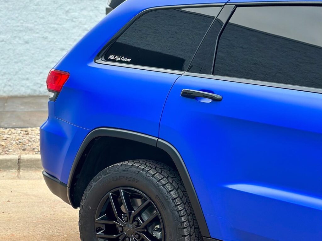 Jeep Grand Cherokee Satin Dark blue vinyl wrap, window tint, powder coated wheels
