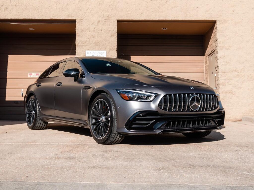 Mercedes GT43 AMG Satin Dark Grey vinyl wrap, ceramic window tint and two layers of ceramic coating