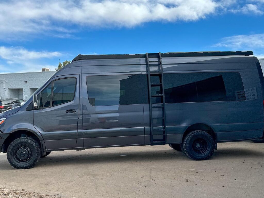 South Denver customized Mercedes Sprinter van, side view showcasing all tinted windows