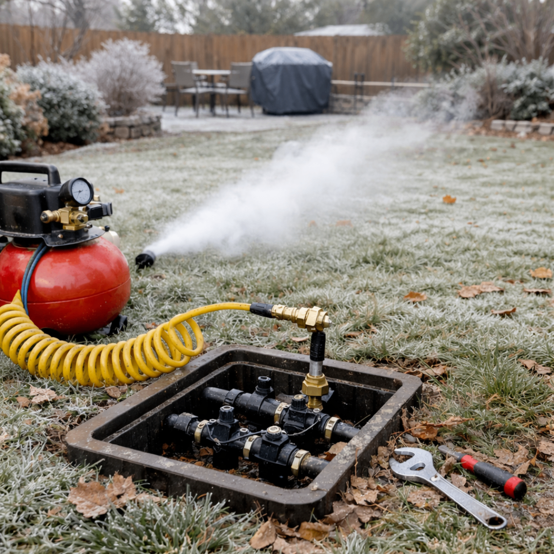 A cloud of excess air and water from an air compressor blowing out a sprinkler line.