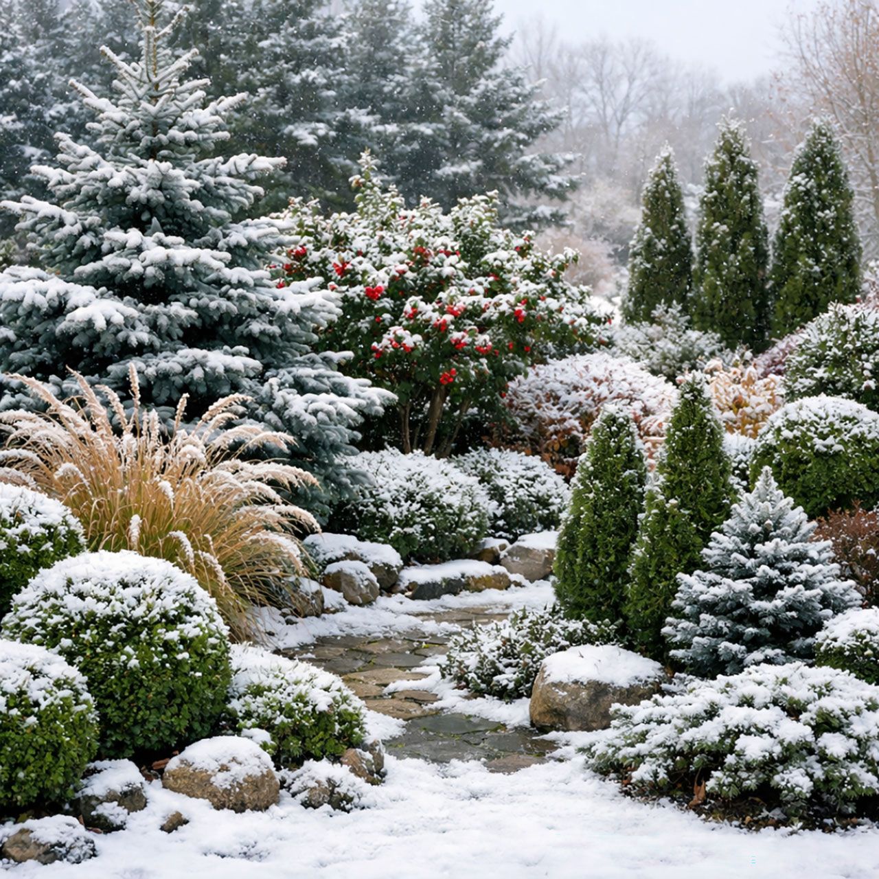 An array of shrubs, grasses, plants, and trees, gently covered with a light dusting of snow