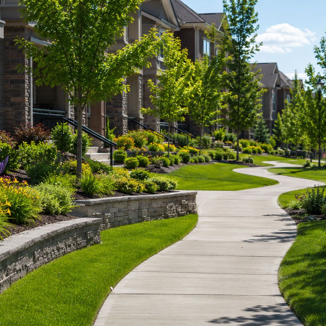 A quiet peaceful sidewalk filled with lush landscaping, shrubs, retaining walls, and flowers.