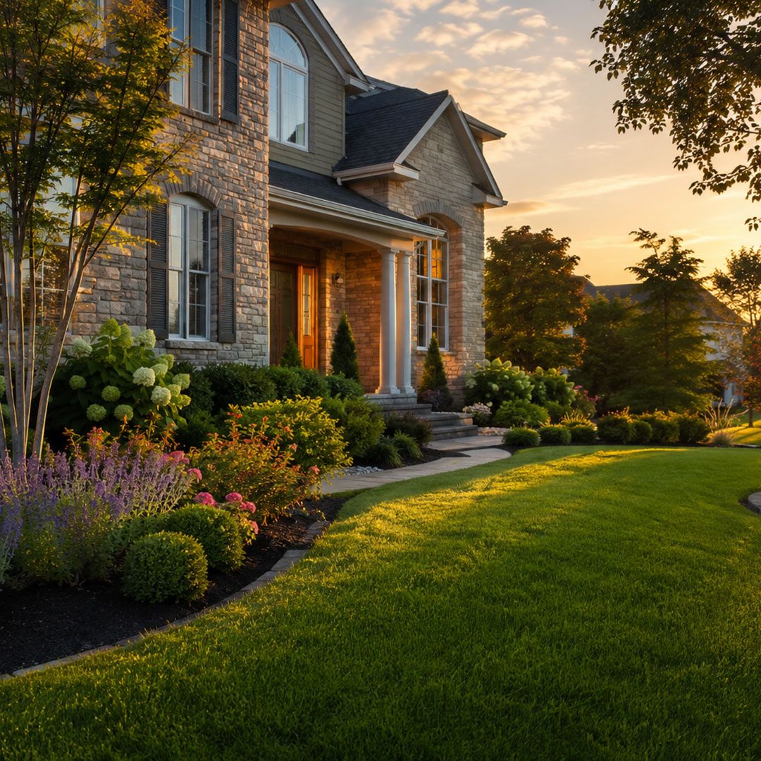 A residential home side view with well maintained landscaping at golden hour.