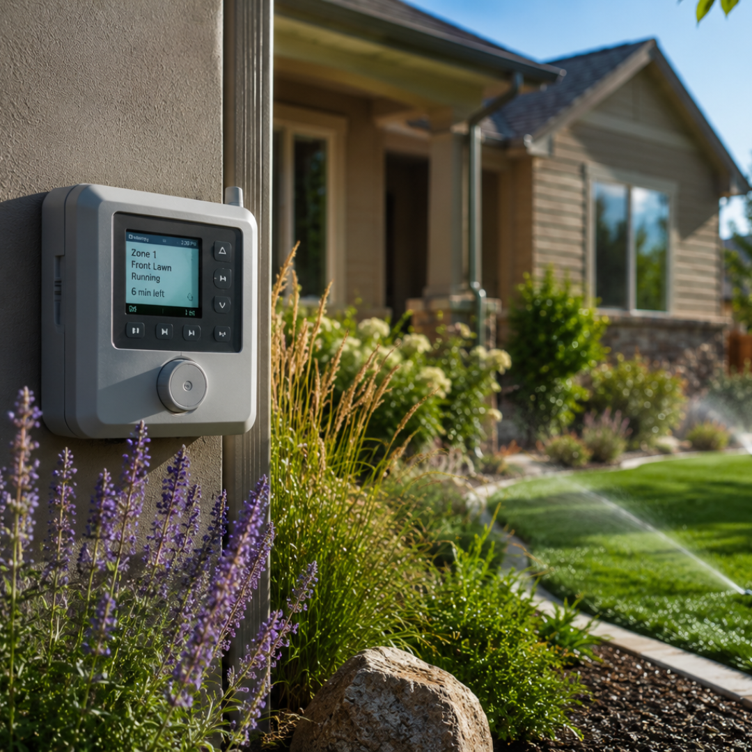 Smart irrigation controller mounted on a home's exterior wall with sprinklers watering a green lawn.