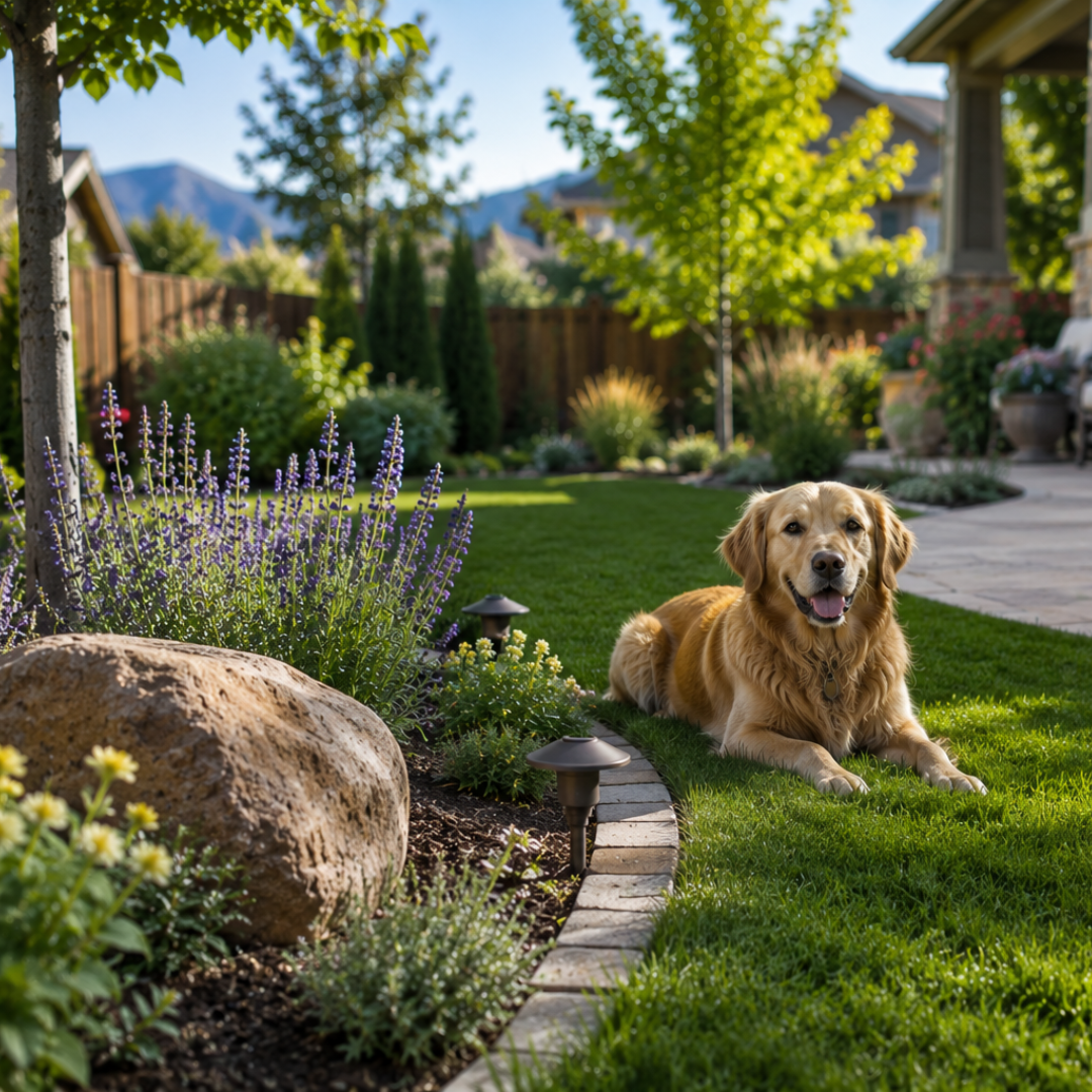 Golden Retriever resting on a lush lawn in a landscaped Colorado backyard with mountain views and fl